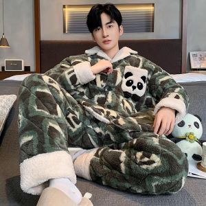 Mens Winter Sleepwear Coral Fleece Thickened Three-layer Cotton Warmth Home Clothes Autumn Winter Style Loose Teenager Home Clothes