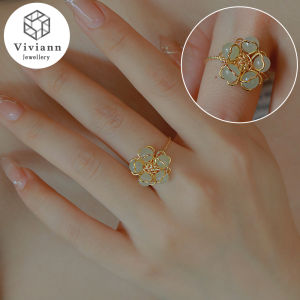 Viviann Original Peach Blossom Hetian Jade Ring Vintage Flower Gold Rings For Women silver inlaid Hetian jade ancient style flowers Chinese retro fine craftsmanship high sense of charm ladies ring