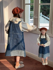 Fashionable Retro Patchwork Denim Overalls Dress for Girls Spring Autumn New Style Baby Korean Version Cotton Overalls Skirt