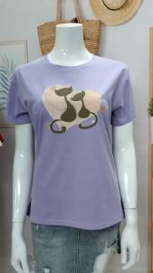 Áo thun cổ tròn in hình 2 con mèo chất cotton co giản mềm mịn