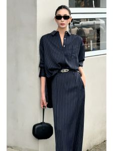 Elegant High Waist Striped Shirt Dress Set Autumn Fashion Powerful Atmosphere Luxury Sensation Stylish Sister Style Long Sleeve