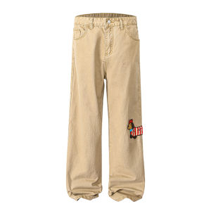 Loose Fit Embroidered Denim Jeans Womens Sausage Dog Couples Casual Wide Leg Pants Autumn Season Natural Waist Zipper