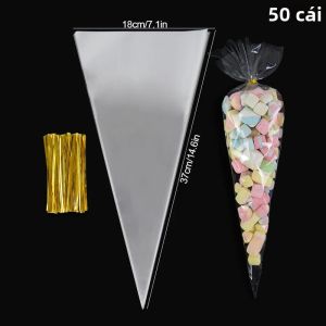 50/100 Cái Túi Kẹo Hình Nón Trong Suốt Bao Bì Đựng Đồ Ăn Vặt Có Dây Buộc Dùng Cho Tiệc Cưới Tiệc Sinh Nhật Quà Tặng Tự Làm Túi Nhựa Hình Nón