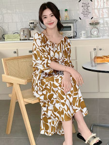 Extra Long 135cm Cotton Silk Dress Ankle Length Womens Summer New Holiday Ultra Long Seven Sleeve Dresses Floral Print round Neck