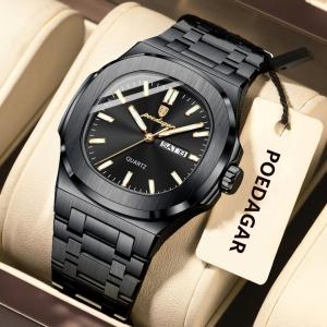 POEDAGAR Square Luxury Mens Wristwatch Luminous Waterproof Stainless Steel Male Clock Week Date Original Quartz Watches For Men