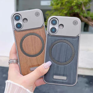 เคสโลหะอัลลอยด์ไร้ขอบ บางเฉียบ สำหรับ iPhone 17 16 15 14 Plus 13 12 Pro Max เคส Magsafe กันกระแทก ลายไม้ หนัง