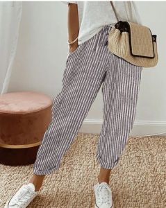 Quần Nữ Mùa Xuân Hè Kiểu Nhật Hàn Chất Liệu Polyester Dệt Kim Dáng Rộng Kẻ Sọc Cạp Chun Dài Đến Mắt Cá Chân Phong Cách Thường Ngày