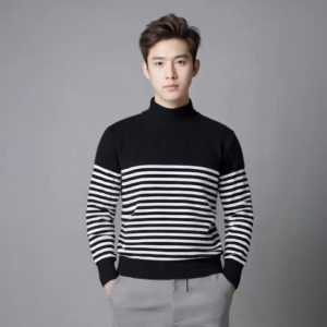 SWEATER RAJUT PRIA TURTLENECK KOREAN STYLE - MOTIF BELANG HITAM STRIP PUTIH RH