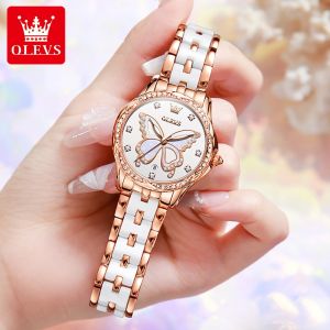 OLEVS Luxury Watch For Women Waterproof Original 2024 New Elegant Butterfly Diamond Dial Ceramic Strap Automatic Calendar Luminous