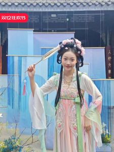 Original Thin Tang Dynasty Lotus Hanfu Womens Dress Fairy Chest-Length Ancient Costume Skirt Ruffle Sleeve V-Neck Maxi Dress