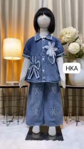 SETELAN JEANS LILA MIX BORDIR KUPU - KUPU ANAK PEREMPUAN USIA 3 - 10 TAHUN / SET DENIM FULL JEANS KRAH RENDA VIRAL
