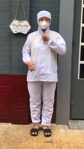 Quần áo thủy sản Silk trắng Dây Kéo Liền Nón thoáng mịn mặc mát phù hợp trong sản xuất chế biến thủy sản thực phẩm