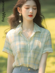 WANGGONGZHU | Retro Green Plaid Womens Shirt Summer Thin Short Sleeve Fashionable Elegant Korean Style Straight Cut Polo Collar Button Up Top