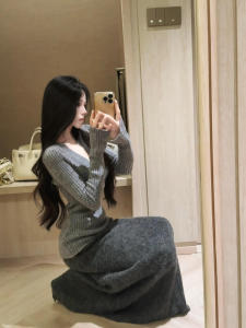 Gray Korean Style Deep V-Neck Knitted Sweater Womens Early Autumn Slimming Long Sleeve Base Layer Top Soft And Cozy