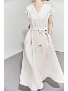 Elegant Loose Fit V-Neck Linen Dress High Waist A-Line Shirt Dress Summer OL Style Button Pocket Short Sleeve Long Dress