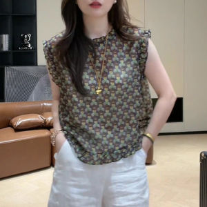 Shalldoer | Ladies Sleeveless Floral Print Shirt Thin Breathable Casual Style Round Neck Summer Top Fashion Trend Matching Versatile Piece