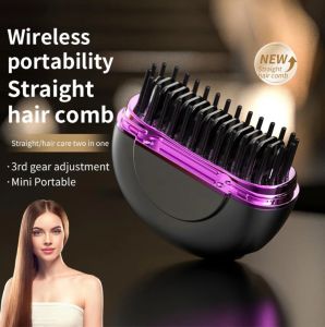 Portable Mini Hair Straightening Comb Anti-Scald Cordless Hair Straightener Brush USB Rechargeable 1500mAh 3 Temperatures Long-lasting Styling Tool