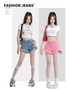 y2k Plus size raw ripped wide leg denim shorts for women girl Korean style Mid-waist pink shorts