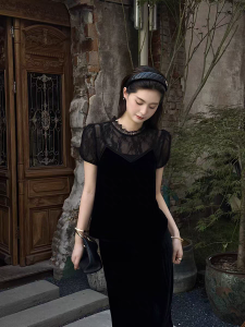 Elegant French Style Silk Velvet Dress Womens Summer New Heavy Splicing Long Skirt Cool Feeling High Waist A-Line Dress
