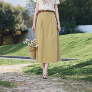 XIANGYING | Khaki Color Cotton Retro High Waist Slimming Skirt