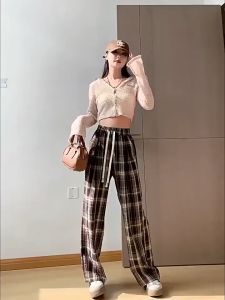 ST114 M-2XL Women Long Pants Elastic Waist Plaid Pant British Style Casual Retro Grid Long Pants