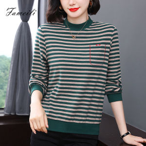 Loose Fit Long Sleeve Striped T-Shirt Womens Cotton Blend Base Layer Shirt Spring Autumn New Style Mid-aged plus Size