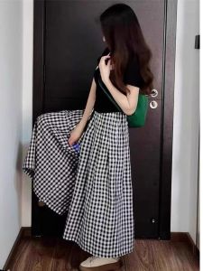 plus Size Loose A-Line Plaid Wide Leg Skirt Pants High Waist Casual Versatile Long Trousers Summer New Arrival for plus Size Women