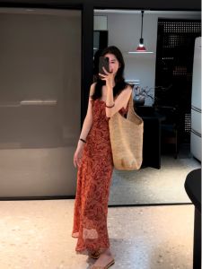 ชุดเดรสยาวคอวีแขนกุดเอวสูง ชุดไปงานวันเกิดแบบฝรั่งเศส ชุดยาวลำลองสำหรับฤดูร้อน ผ้าฝ้ายผสมโพลีเอสเตอร์