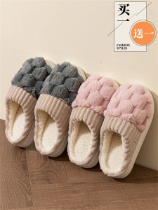 รองเท้าแตะผ้าฝ้ายสำหรับใส่ในบ้านสำหรับคู่รัก ฤดูใบไม้ร่วงและฤดูหนาว รองเท้าแตะขนแกะป้องกันการลื่นและอบอุ่นสำหรับผู้ชายและผู้หญิง รองเท้าแตะแบบสวมหัว พื้นรองเท้า PVC