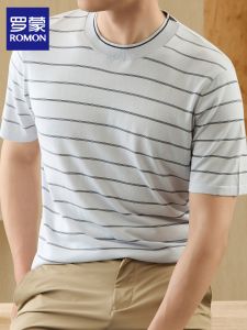 ROMON | Mens Summer Classic T-Shirt Knit Stripe Loose Fit Round Neck