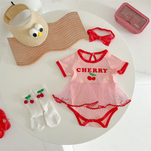 【Free Headband】BestBorn Newborn Baby Girls Cute Tutu Skirt Baby Princess Cherry Mesh Romper Dress Socks Clothes Set