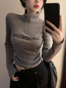 GUZILIAN | Slim Fit Short Sleeve T-Shirt Zipper Print Letter Stand Collar Base Layer Inner Wear Top For Young Women In Autumn Season