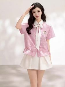 KEIKO | Korean Style Light Pink Check Short Sleeve Shirt Removable Bow Puff Flounce Hem