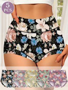 5pcs Elegant High-Waist Briefs for Women - Tummy Control & Butt Lift Comfort Fit with Floral Print Design