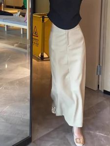 Early Autumn Korean Style Design Thin Leg Lengthening Half Skirt Womens High Waist Straight Cut Midi Skirt Neutral Color