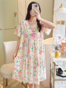 Nightdress Womens Summer Mid Length Long Length Dress Outwear Sweet plus Size Loose and Simple Wide Home Wear Princess Style