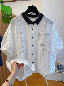 Áo Sơ Mi Nữ Tay Ngắn Dáng Rộng Mỏng Mùa Hè Thiết Kế Mới Cổ Búp Bê Màu Tương Phản Chất Liệu Polyester Trang Phục Công Sở