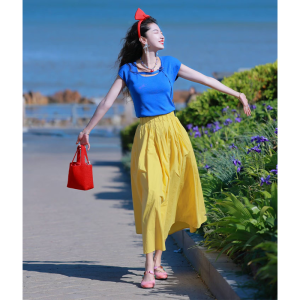 XIAOQIAOJIA | Adorable Sweet Style Two-Piece Set Skirt Outfit Durable Material High Waist A-Line Silhouette Short Sleeve Long Dress Summer Wear