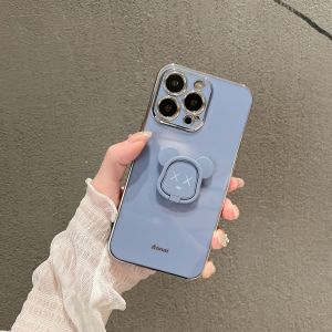 Ultra-Thin Metal Bear Stand Compatible with iPhone 16 pro Max Full Cover Shockproof Soft Silicon Plated Protective Case for Apple 12 Womens Simple Popular plus Model