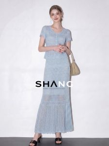 SHANGSHA | Luxurious French-style Elegant Blue Lace Dress