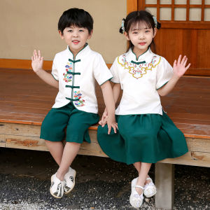 Childrens Ancient Chinese Costume Set Short Sleeve Hanfu Boys Girls Summer Clothes Stylish Cute Baby Toddler Kids Outfit