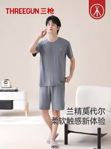 THREEGUN | Three Gun Mens Summer New Style Breathable Modal Ice Silk Short Sleeve Sleepwear Soft Home Clothes Set Comfortable Casual Wear