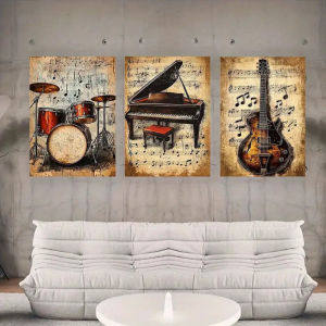 3 Retro Music Inspired Drum Piano Guitar Art Canvas Posters Perfect for Living Room Bedrooms Studios Corridors Living Room
