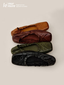 Le Murmure Womens Ballet Flat Shoes Autumn New Washed Horse Skin Accordion Fold Egg Roll Shoes Casual round Toe Flat Heel