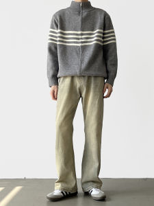 Mens Loose Straight Leg Jeans Yellow Mud Color Wide Leg Pants Casual Floor-Length Trousers Draping Effect Korean Style