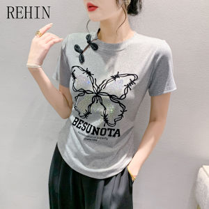 REHIN เสื้อยืดแขนสั้นพิมพ์ลายจับจีบสำหรับผู้หญิงเสื้อยืดวินเทจสไตล์วินเทจจาน