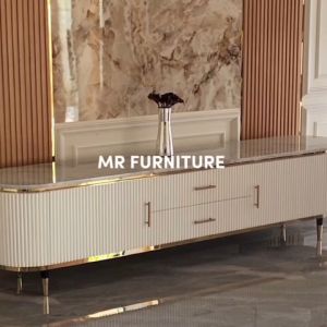 Meja Tv Oval Salur Lis Stainless Gold Top Marmer Putih Carrara