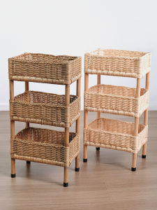 Retro Wooden Corner Living Room Storage Rack Multi-layer Real Wood Floor-standing Basket Weaving Organizer Natural Looking