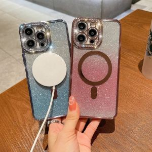 For iPhone 15 14 Plus 15 14 13 11 12 Pro Max Luxury Gradient Glitter For Magsafe Support Wireless Charging Lens Glitter Diamond Clear Shockproof Phone Cover
