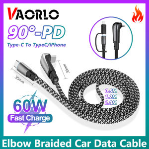 VAORLO Car Elbow Charger Cable 2 IN 1 Type-C to Type-C/Lightning PD60W Fast Charge 90° Metal Luminous Interface Nylon Braided Line 480Mbps Data Transmission Wire Compatible With iPhone IOS Android For All Smartphones